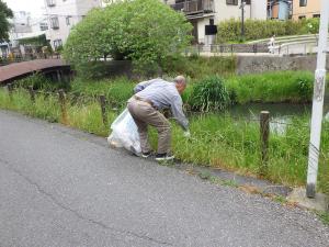 令和元年6月1日の坂川清掃で春雨橋付近を清掃するボランティアの方