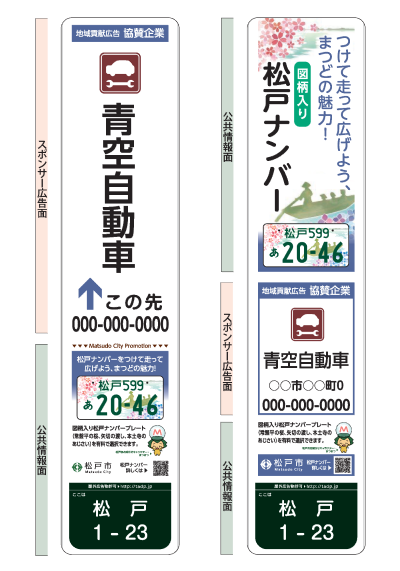 「図柄入り松戸ナンバー」のデザインの看板2種類