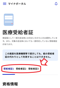 マイナポータル医療受給者証の画面