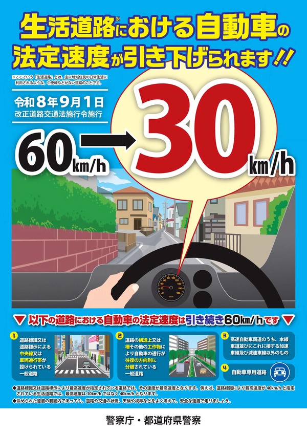 生活道路における自動車の法定速度が引き下げられますチラシ