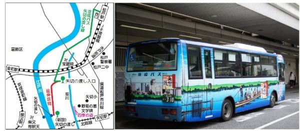 矢切の渡し線の路線図とバスの写真