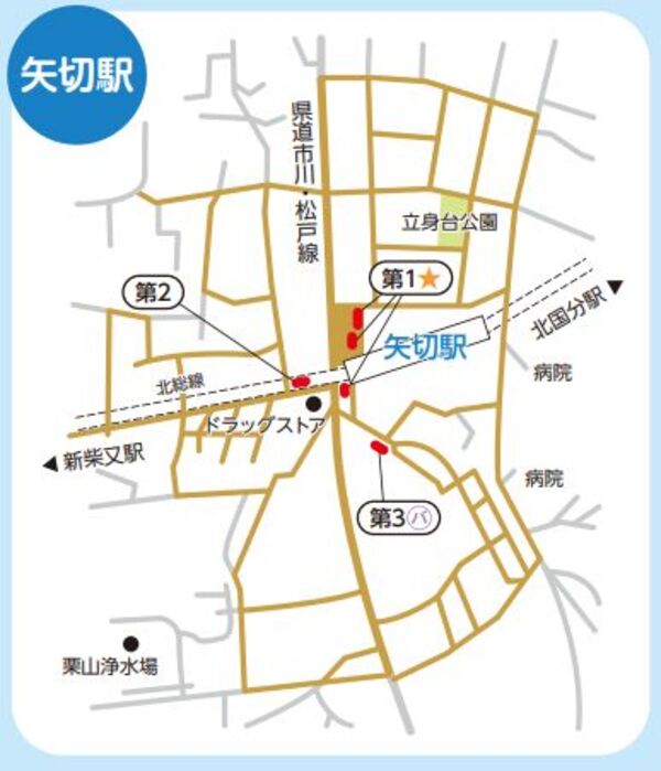 放置禁止区域の案内図。矢切駅