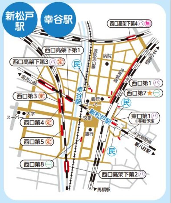 放置禁止区域の案内図。新松戸
