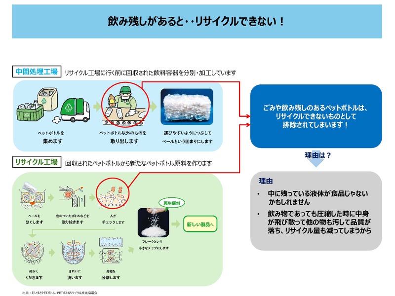 飲み残しがあるとリサイクルできません。集めたペットボトルは、中間処理工場で、ペットボトル以外の物を取り出し、運びやすいようにつぶしてベールという固まりにします。そのベールはリサイクル工場に運ばれ、細かく砕いて、きれいに洗って、異物を分離して、フレークという小さなチップにします。そのフレークを加工して、新しい製品を作ります。ごみや飲み残しのあるペットボトルは、リサイクルできないものとして排除されてしまいます。その理由は、中に残っている液体が食品ではないかもしれないから、飲み物であっても圧縮したときに中身が飛び散って他の物も汚して品質が落ち、リサイクル量も減ってしまうからです。