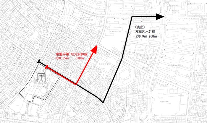 常盤平地区　汚水幹線の追加　赤線矢印