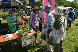 花の説明をしている写真