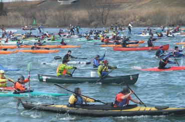 毎年、新年の一月初旬、江戸川の葛飾橋の下からカヌー大会が開かれます